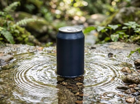 Empty beverage can in shallow water with ripples