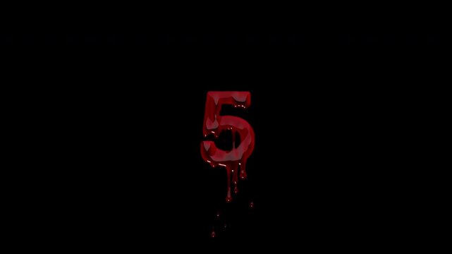 Ten second blood countdown with numerals only, ready for custom end cards. 4K with alpha channel. Applicable to horror trailers, timed challenge videos, sale countdown graphics and broadcast interstit