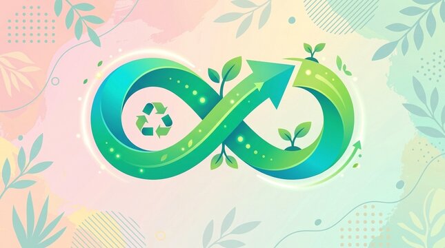 Abstract infinity arrow symbol with green leaves and recycling icon