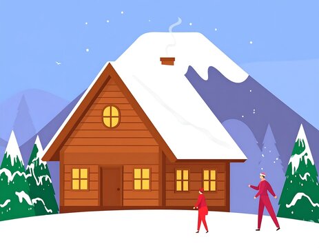 Family Enjoying Winter Vacation at a Cozy Log Cabin.