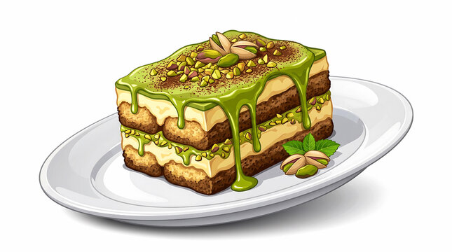 Slice of delicious pistachio tiramisu layered cake with green drizzle on white plate
