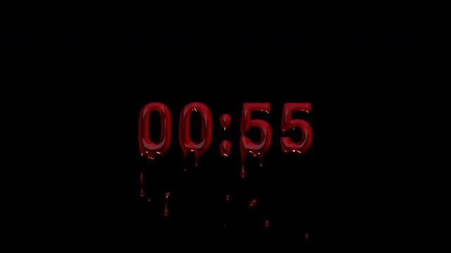 Sixty second blood countdown showing digits only, leaving the ending open for custom titles. 4K transparent footage. Applicable to sale deadline graphics, quiz and sport timing, horror sequences and s