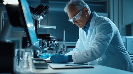 Fototapeta premium Researcher wearing protective eyewear and blue gloves examines data on a computer screen while working in a dimly lit laboratory environment that features advanced scientific testing instrumentation.