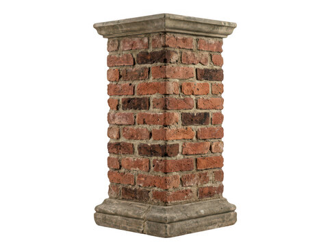 Old brick pedestal isolated on white. Rustic masonry pillar for product display.