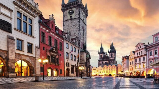 Time lapse of Prague, Czech Republic. Panoramic sunset view at Church of Our Lady Before Tyn the Old Town Square Prague