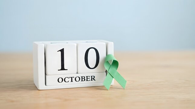 A wooden calendar block showing october 10 with a green awareness ribbon to commemorate world mental health day and support for psychological wellness and advocacy