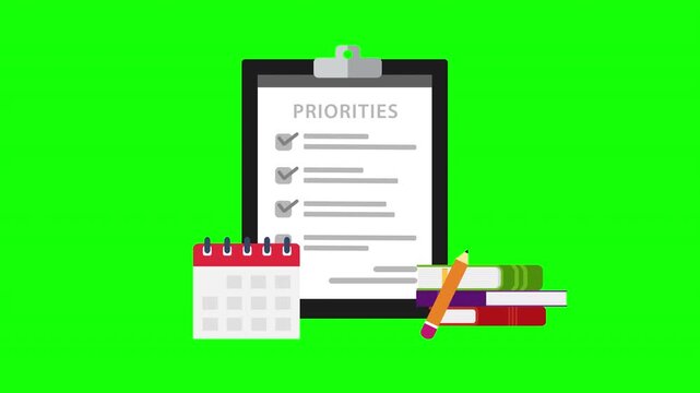 Business Priorities Checklist with Calendar Books and Pencil on Clipboard Green Screen Animation