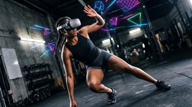 Athletic woman wearing a virtual reality headset performing a lunge exercise in a gym with colorful floating neon geometric shapes around