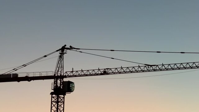 Construction crane silhouetted during sunset tilt down shot