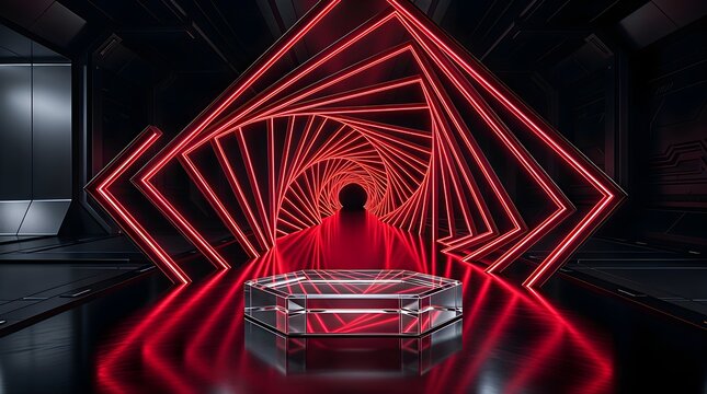 Futuristic neon red light tunnel with central display platform.