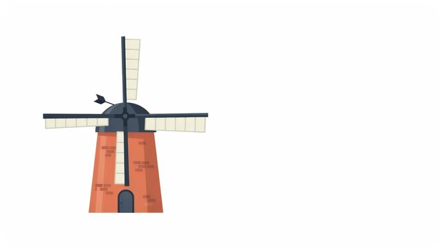 Traditional brick windmill illustration, rustic red stone mill with white sails, vintage agricultural building icon isolated on white background