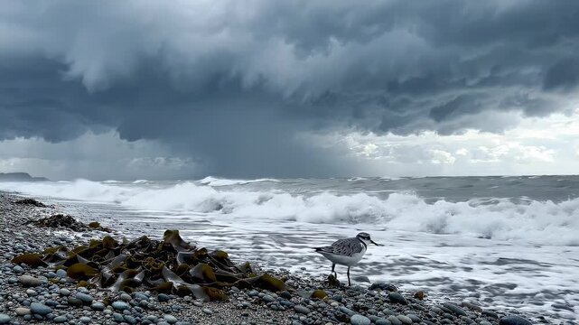 Dramatic Stormy Weather over Ocean Coastline with Crashing Waves Rain Cloud and Bird on Pebble Shore
