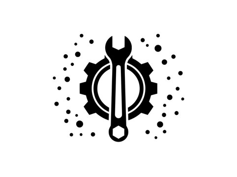 Industrial wrench and gear icon, black mechanical repair symbol on white background, technical maintenance and engineering vector logo