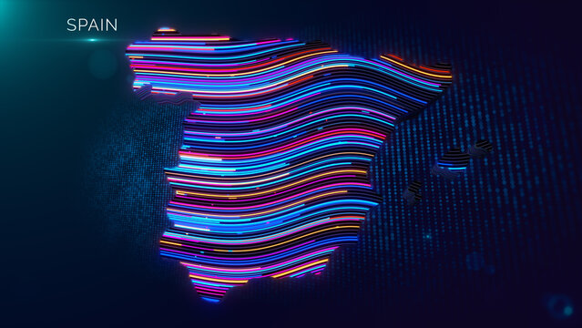 Futuristic Spain map illustration with glowing multicolor flowing lines, 3D extruded surface, digital particle grid, light flare, bokeh, and Spain text on a modern technology background.