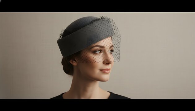 Elegant sophisticated woman in classic pillbox hat with black mesh veil looking away in studio portrait for timeless vintage fashion and haute couture concept