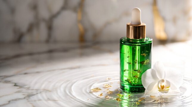 Green glass dropper bottle containing gold flakes beside white orchid flower on rippled water surface with displays luxurious green flakes resting shallow