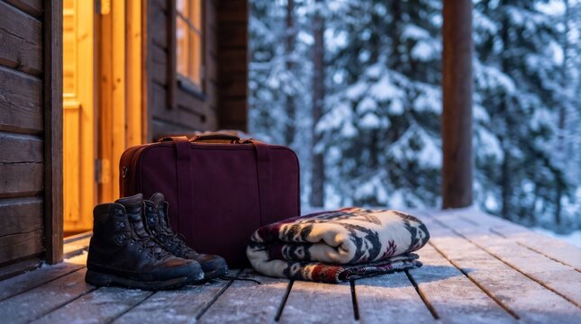 Winter travel essentials resting outside a cozy wooden cabin porch during a snowy evening retreat with folded patterned blanket sitting snowy wooden porch outside warm cabin