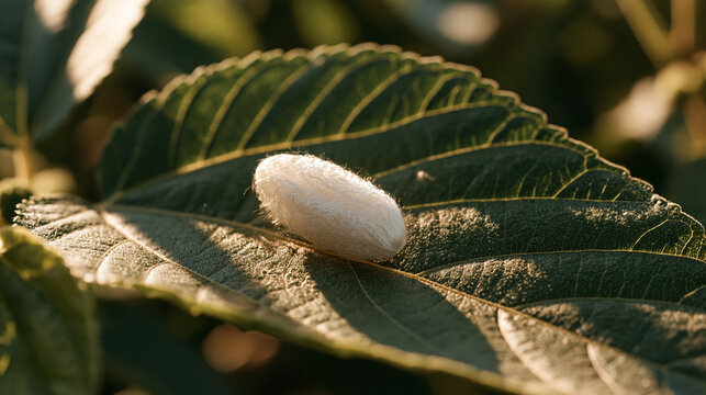 A single silk cocoon rests on a mulberry leaf in golden hour light, the translucent thread catching the warm backlight, the singular agricultural object glowing with quiet detail