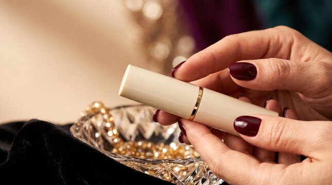 Elegant woman hands holding minimalist beige cosmetic tube against luxurious blurred background with pearls with manicured nails holding cosmetic container