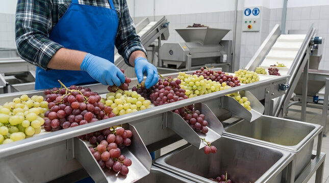 Man Sorting Red Green and Yellow Grapes on Stainless Steel Conveyor Belt in Food Processing Factory