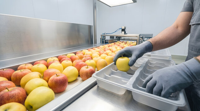 Man Sorting and Packing Fresh Red and Yellow Apples into Plastic Trays in Food Processing Factory