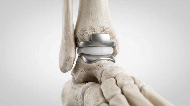 medical 3d illustration showing total ankle replacement surgery with titanium joint prosthesis component integrated into human foot bone structure for orthopedic healthcare treatment
