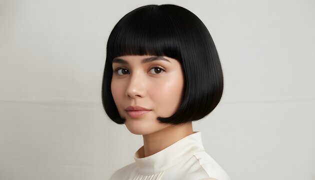 Portrait of a confident young Asian woman with pageboy haircut looking at camera against white background for modern beauty skincare hair care advertising concept