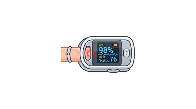 Digital pulse oximeter device measuring blood oxygen saturation levels on a human finger vector