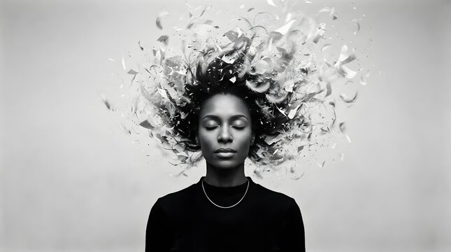 A black and white portrait of a thoughtful woman with abstract floral elements around her head representing peace and reflection for world mental health day