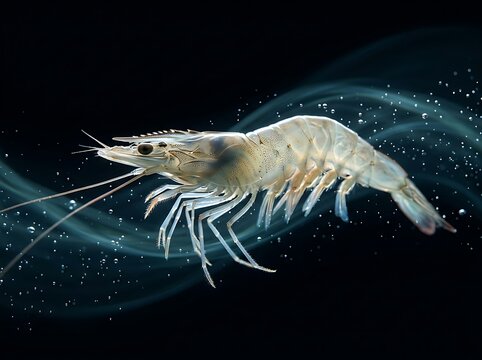 Fresh raw shrimp swimming underwater with air bubbles on a dark black background for food photography. live shrimp in water