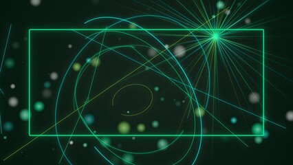 Fototapeta premium Abstract background featuring glowing green neon light circles and particles forming a rectangular frame in dark space