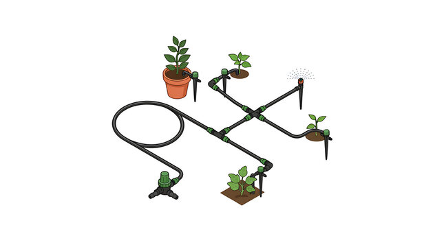 Isometric drip irrigation system kit for automated garden watering and efficient plant care setup