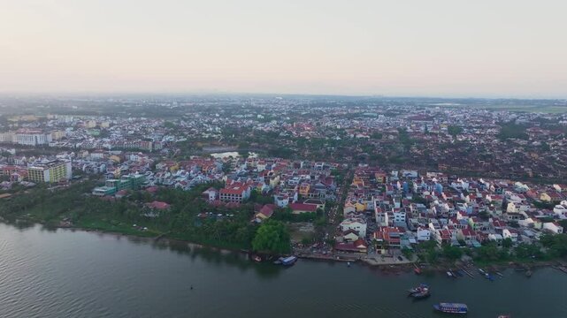 Aerial view of Hoi An City and Thu Bon River at Sunset, Vietnam