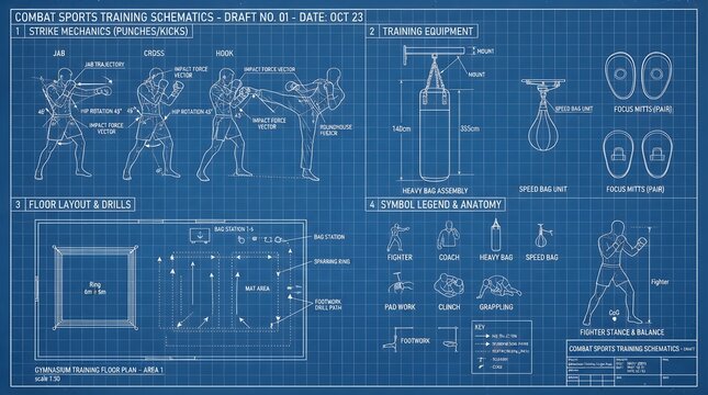 Blue boxing and martial arts blueprint featuring fighting stances, punch technique diagrams, training equipment, footwork grids, gloves, speed bags, heavy bags, and combat sport instruction visuals.