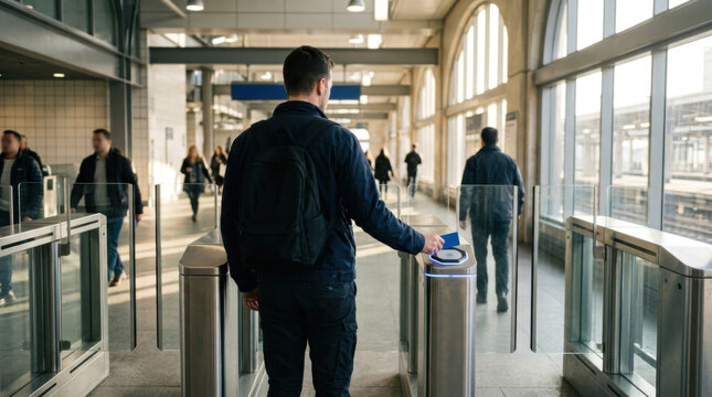 Subway transit gate access back view man card reader station terminal walkway commuter travel transit train platform entrance exit control gate