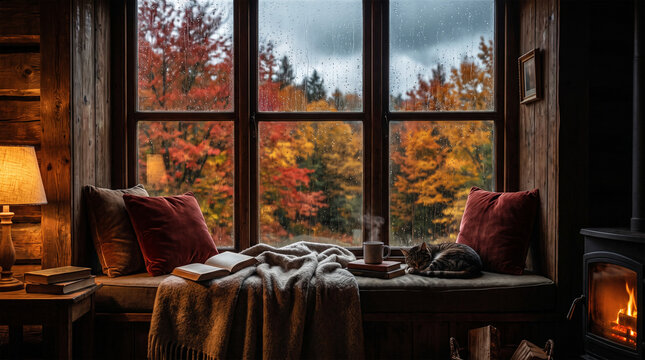 Cozy window seat view of rainy autumn forest with fireplace cat and blanket in cabin.