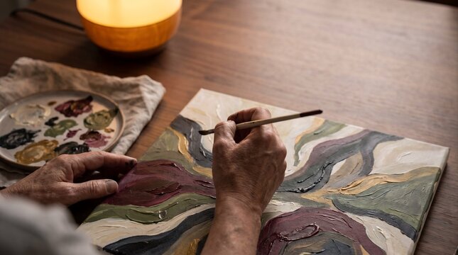 Artist applying thick texture layers onto abstract botanical canvas using fine pointed paintbrush studio setting