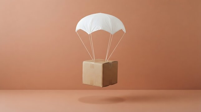 A cardboard box floating in the air with a white parachute attached