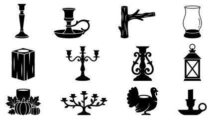 Vintage candlestick holder icon set with candles lanterns and thanksgiving decor elements © GFX
