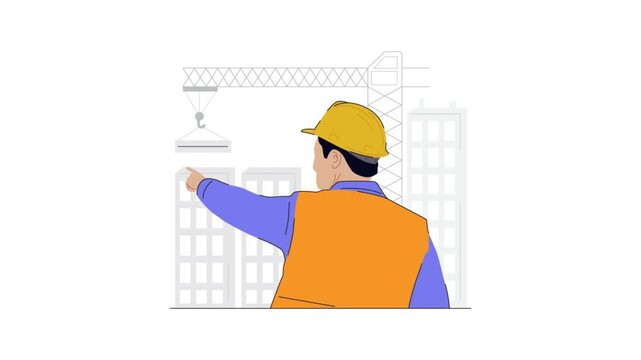 Engineer pointed toward building under construction with back view. Flat character animation