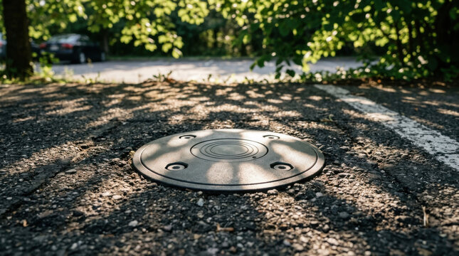 Smart parking sensor in ground, close up on asphalt road, outdoor parking area