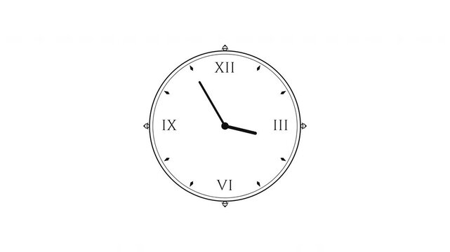 Vintage clock animation with roman numeral watch face, time lapse icon on white background