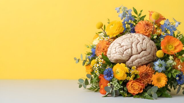 A conceptual image for world mental health day featuring a human brain model surrounded by a vibrant bouquet of colorful flowers against a yellow background