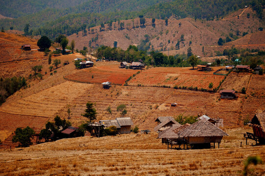Mountain rice terraces village landscape with houses National Park Doi Inthanon Chiang Mai, top highest mountain of Thailand.