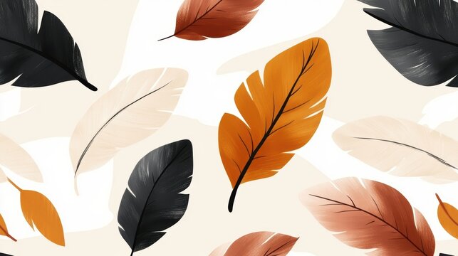 Abstract boho pattern with watercolor style feathers in earthy tones seamless pattern with elegant bird feathers in warm earthy color palette