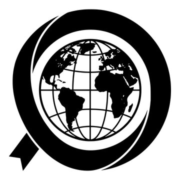 Global awareness badge icon featuring world map inside circular loop frame.