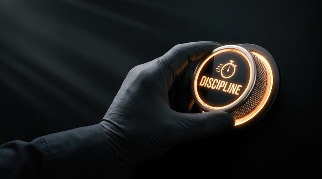 Gloved hand adjusting glowing discipline dial representing personal growth and professional success management concept