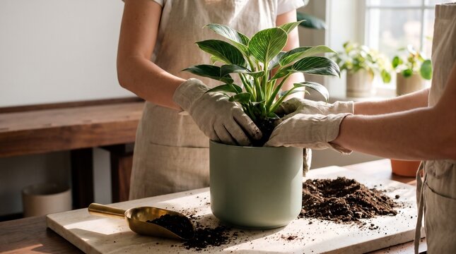 Two people wearing linen aprons carefully repotting a green potted plant in a bright studio with individuals wearing protective aprons while transplanting