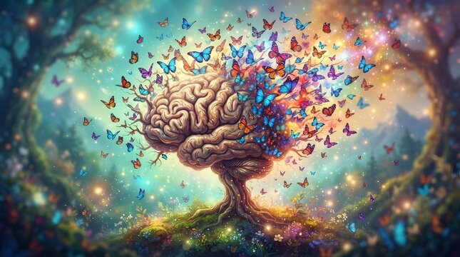 Surreal artistic representation of a human brain transforming into a colorful tree for world mental health day symbolizing psychological growth awareness and mental wellness healing