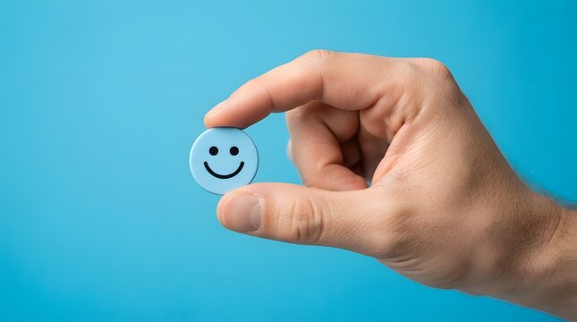 A hand holding a blue wooden block with a happy smiley face icon representing positive emotions and support for the annual world mental health day event